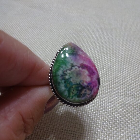 Beautiful GREEN & PINK SOLAR AGATE Handmade Sterling Ring Size 8.25 #177C - Picture 3 of 3